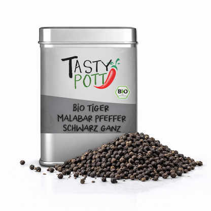 Tasty Pott Tiger Bio Malabar Pfeffer schwarz - Tigerpfeffer ganz - 100g Dose