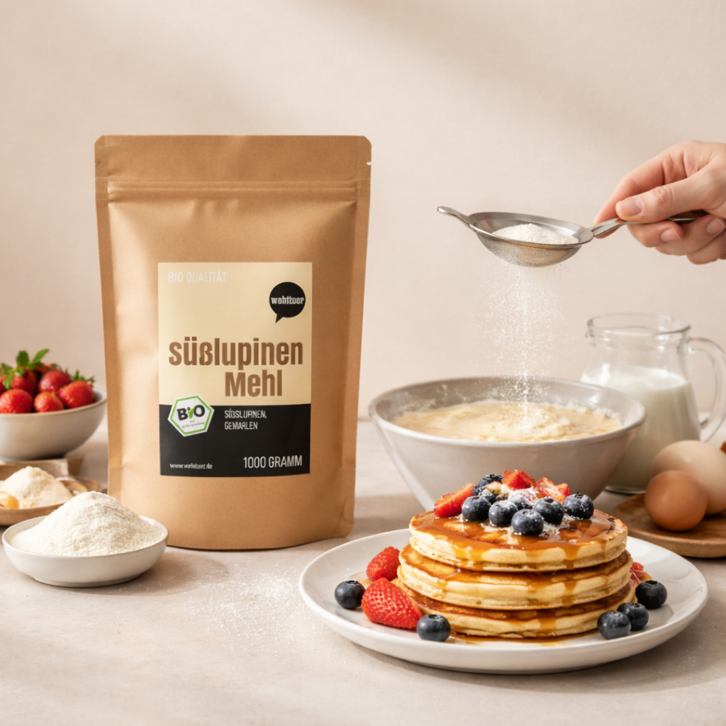 Bio Süßlupinenmehl von Wohltuer, zum Backen, in einer 1000g Packung, zeigt das Mehl in einer offenen Packung mit Lupinen.