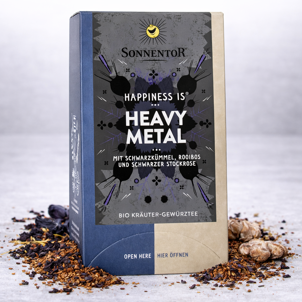 Bio Heavy Metal Tee von Sonnentor, zwei Packungen mit je 27g, Gewürz- und Saucen-Produkt, zeigt die Teetassen und Verpackungen