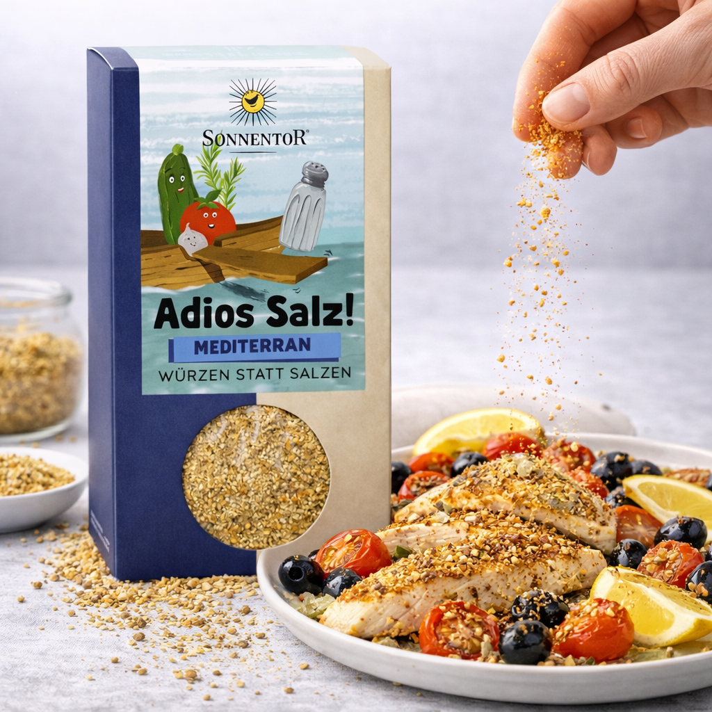 Sonnentor Bio Adios Salz mit mediterraner Gemüsemischung in Gewürz- und Saucenverpackung, 2x55g, natürliche Bio-Gewürzmischung