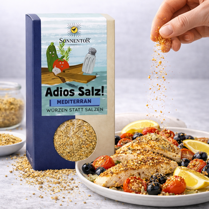 Sonnentor Bio Adios Salz mit mediterraner Gemüsemischung in Gewürz- und Saucenverpackung, 2x55g, natürliche Bio-Gewürzmischung