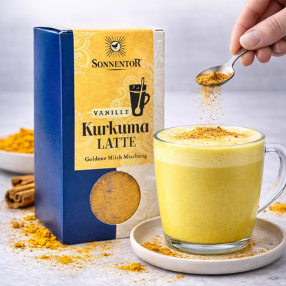Bio Kurkuma Latte mit Ingwer von Sonnentor, Frühstücksgetränk in 60g Packung, cremig und aromatisch, ideal für einen gesunden Start.