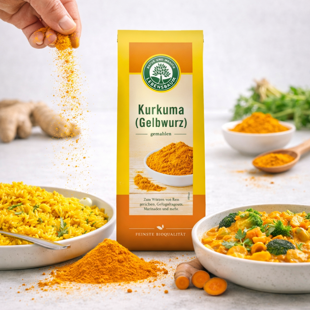 Lebensbaum Bio Kurkuma, gemahlen, in einem Glas mit gelber Gewürzpulver, für Küche und Gewürzgerichte