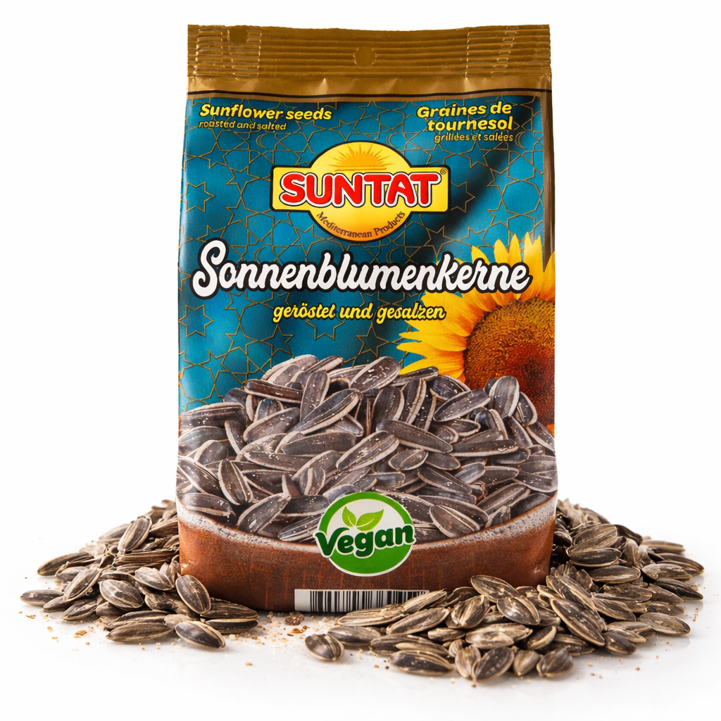 Geröstete und gesalzene Sonnenblumenkerne von Suntat in 8 Packungen à 150g, ideale Snacks in einer transparenten Verpackung
