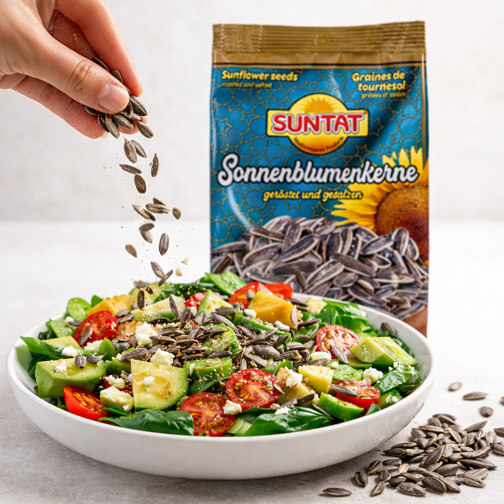 Geröstete und gesalzene Sonnenblumenkerne von Suntat, Snacks in 8x 150g Packungen, knusprig und goldbraun