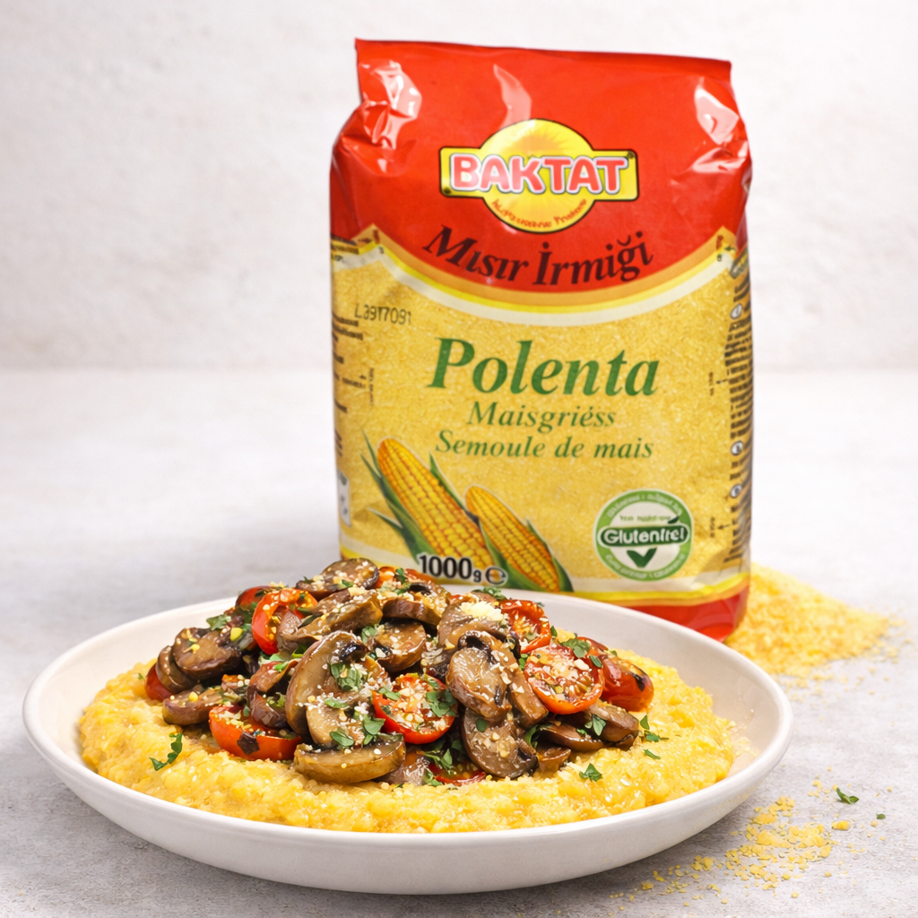 Vorratsbehälter mit 5 kg SUNTAT Maisgrieß, glutenfreies Superfood in einem transparenten Behälter.