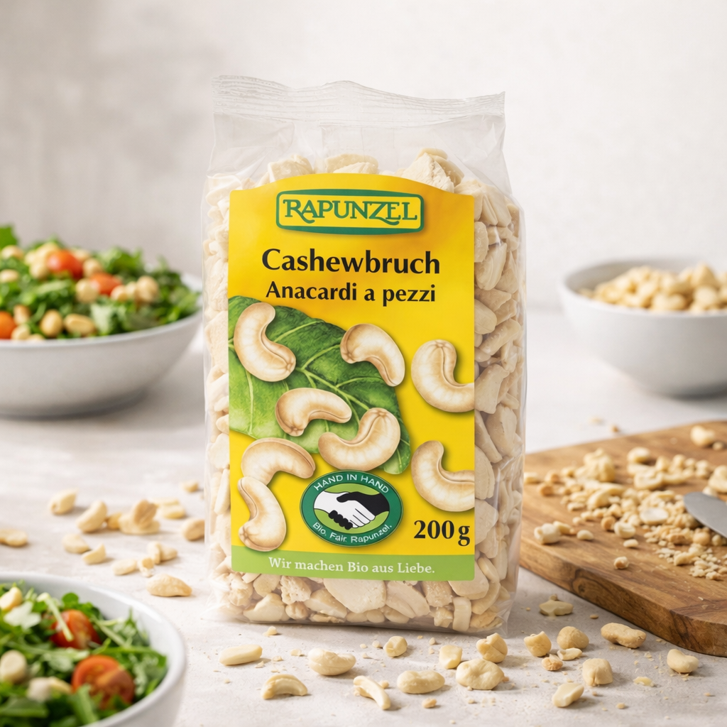 Bio Cashewbruch von Rapunzel in einer Schüssel, ideal zum Kochen, 500g, rohe, ungesalzene Cashewkerne.