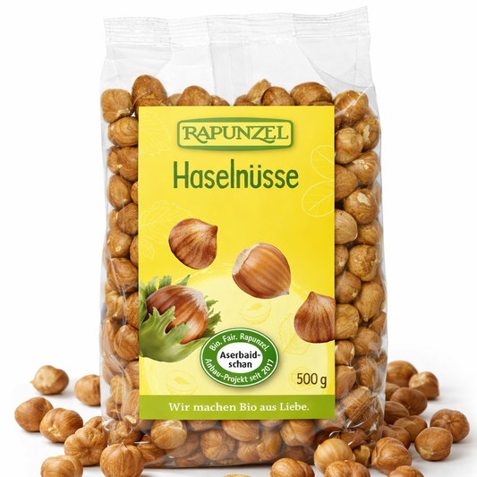 Bio Haselnüsse von Rapunzel, 500g, zum Kochen, offene Nüsse in einer transparenten Schale, natürliche braune Haselnüsse.