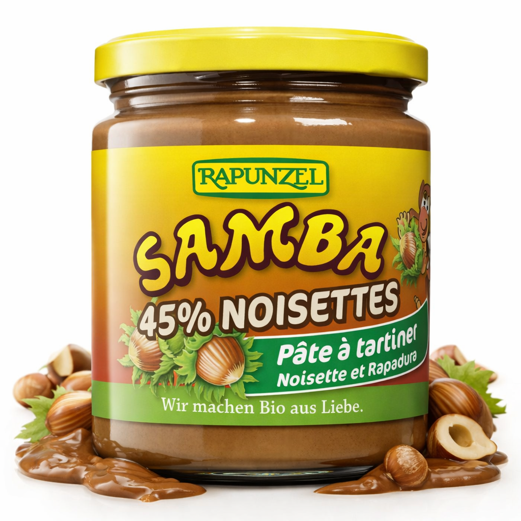 Bio Samba Haselnuss von Rapunzel, 500g, für das Kochen, zeigt eine Packung mit Haselnüssen in einer Küche.