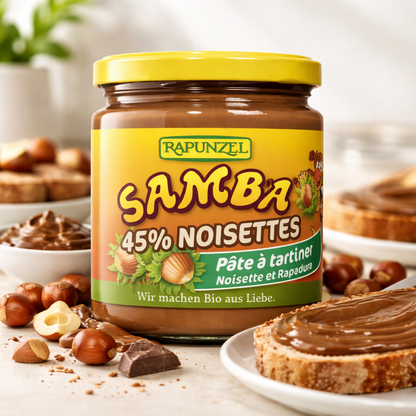Bio Haselnüsse von Rapunzel Samba, zum Kochen, sichtbar in einer 750g-Packung, mit Nüssen und natürlicher Textur.