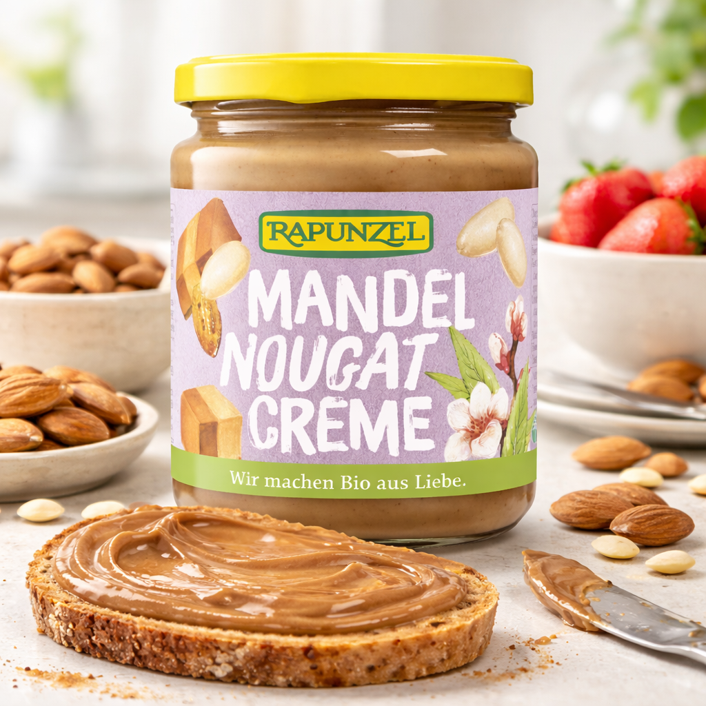 Bio Mandel-Nougat Creme von Rapunzel, cremige Mandel- und Nougattarte im Glas, ideal zum Kochen und Backen.