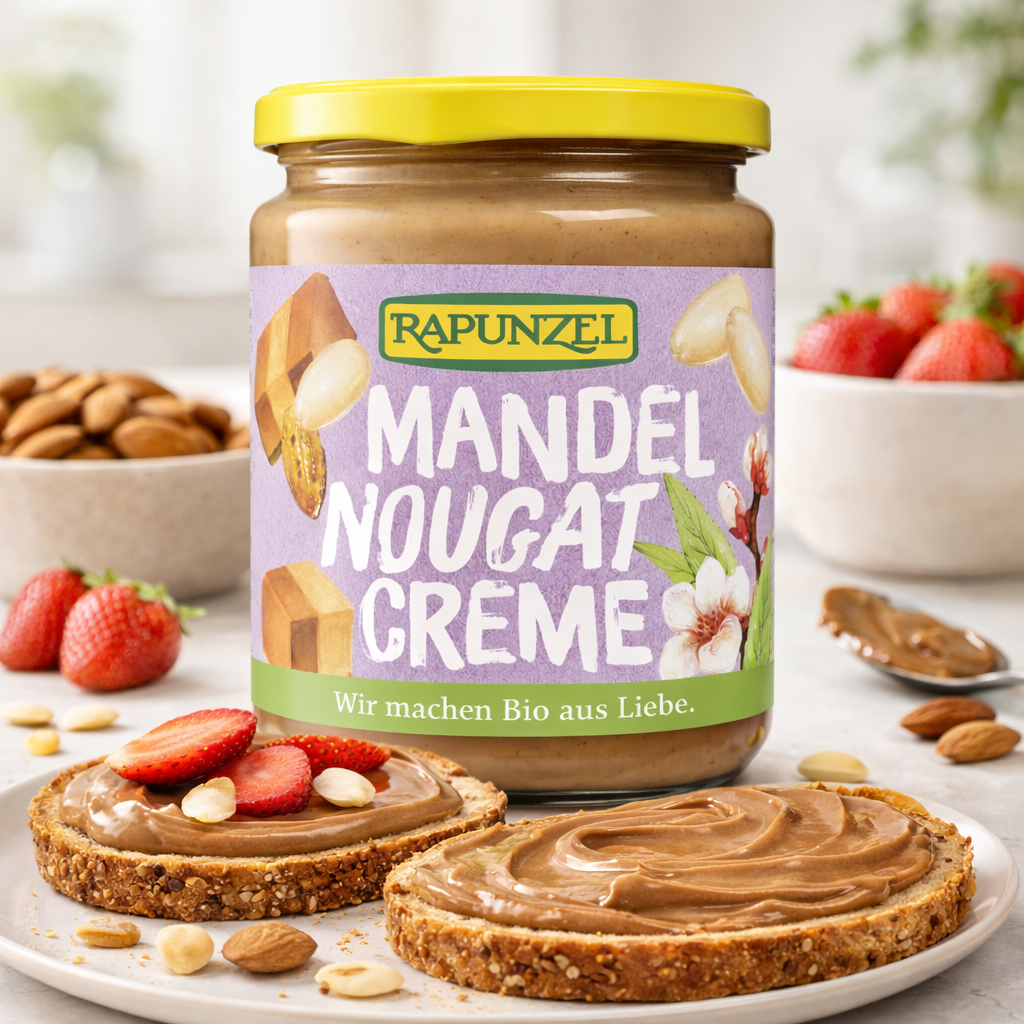 Bio Mandel-Nougat Creme von Rapunzel in 250g, cremige Mandel-Nougat-Füllung in einem Glas, ideal zum Kochen und Backen