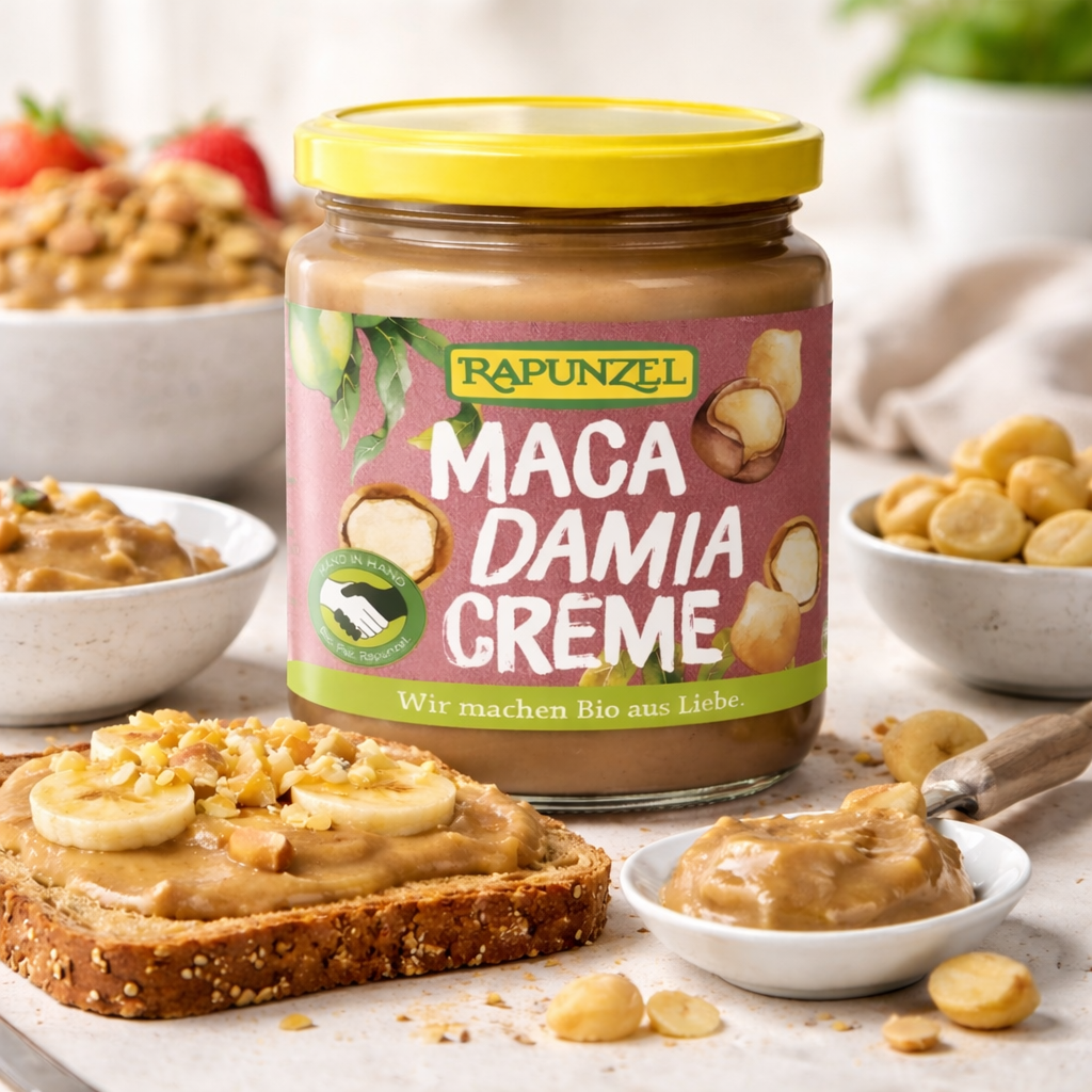 Bio Macadamia Creme von Rapunzel, 250g, zum Kochen geeignet, cremige Nusscreme in nachhaltiger Verpackung.
