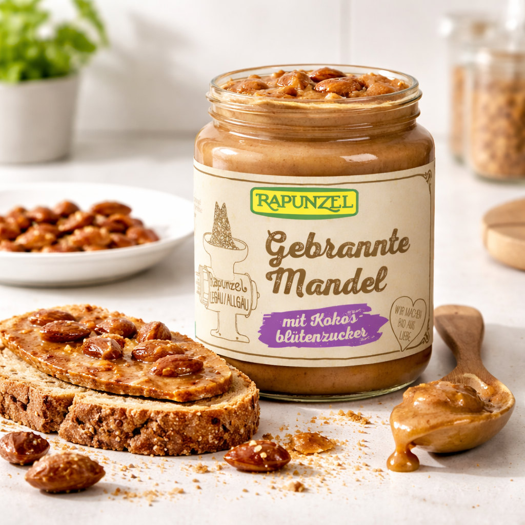 Bio gebrannter Mandel-Aufstrich mit Kokosblütenzucker von Rapunzel, in 250g Glas, mit Mandel- und Kokosnuss-Details sichtbar