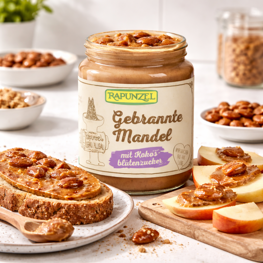 Bio gebrannter Mandelaufstrich von Rapunzel mit Kokosblütenzucker in 250g Glas, cremige Mandel- und Kokosgeschmack, ideal zum Kochen