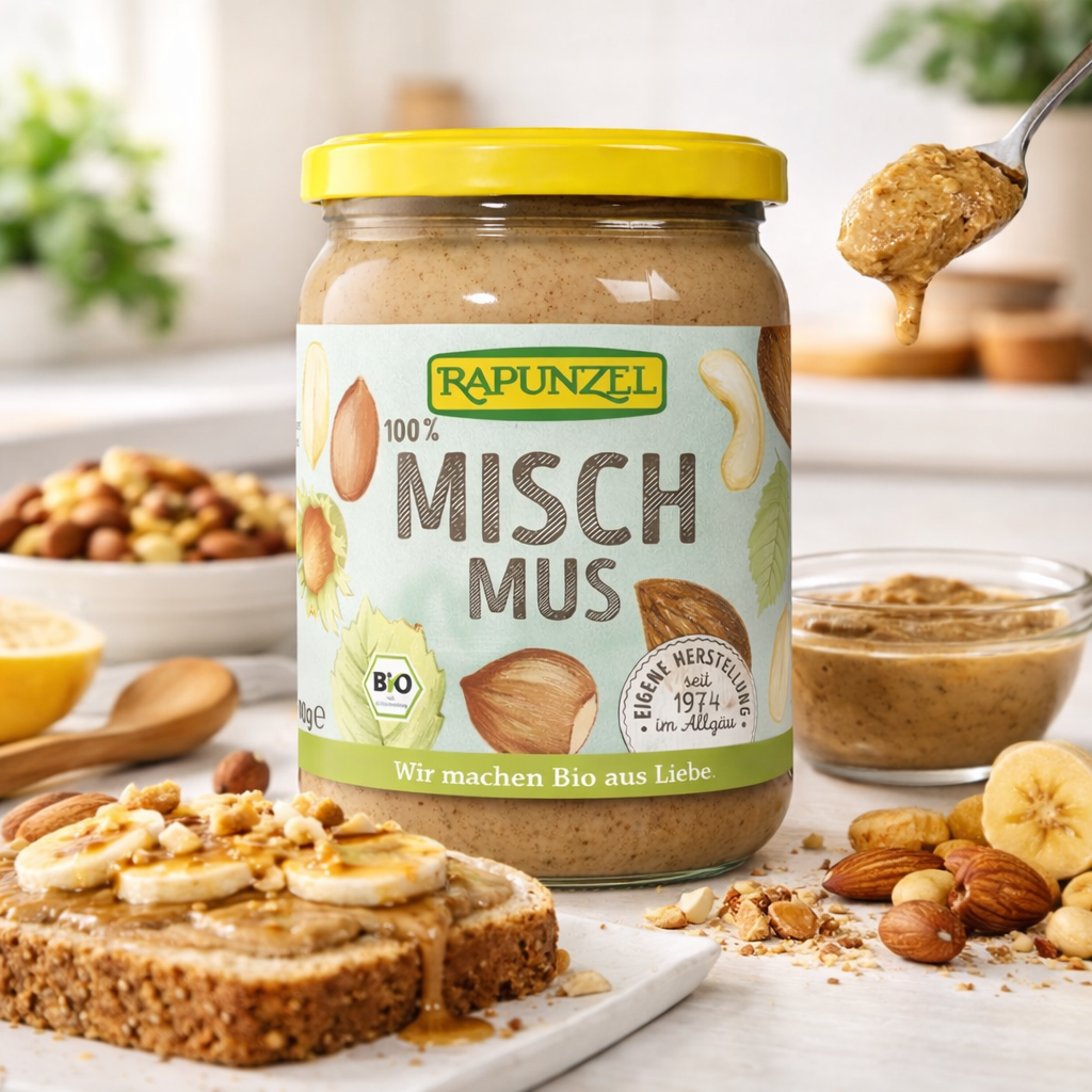 Bio Mischmus 4 Nüsse von Rapunzel in einem Glas, ideal zum Kochen, sichtbar im Bild, handgefertigt und naturbelassen.