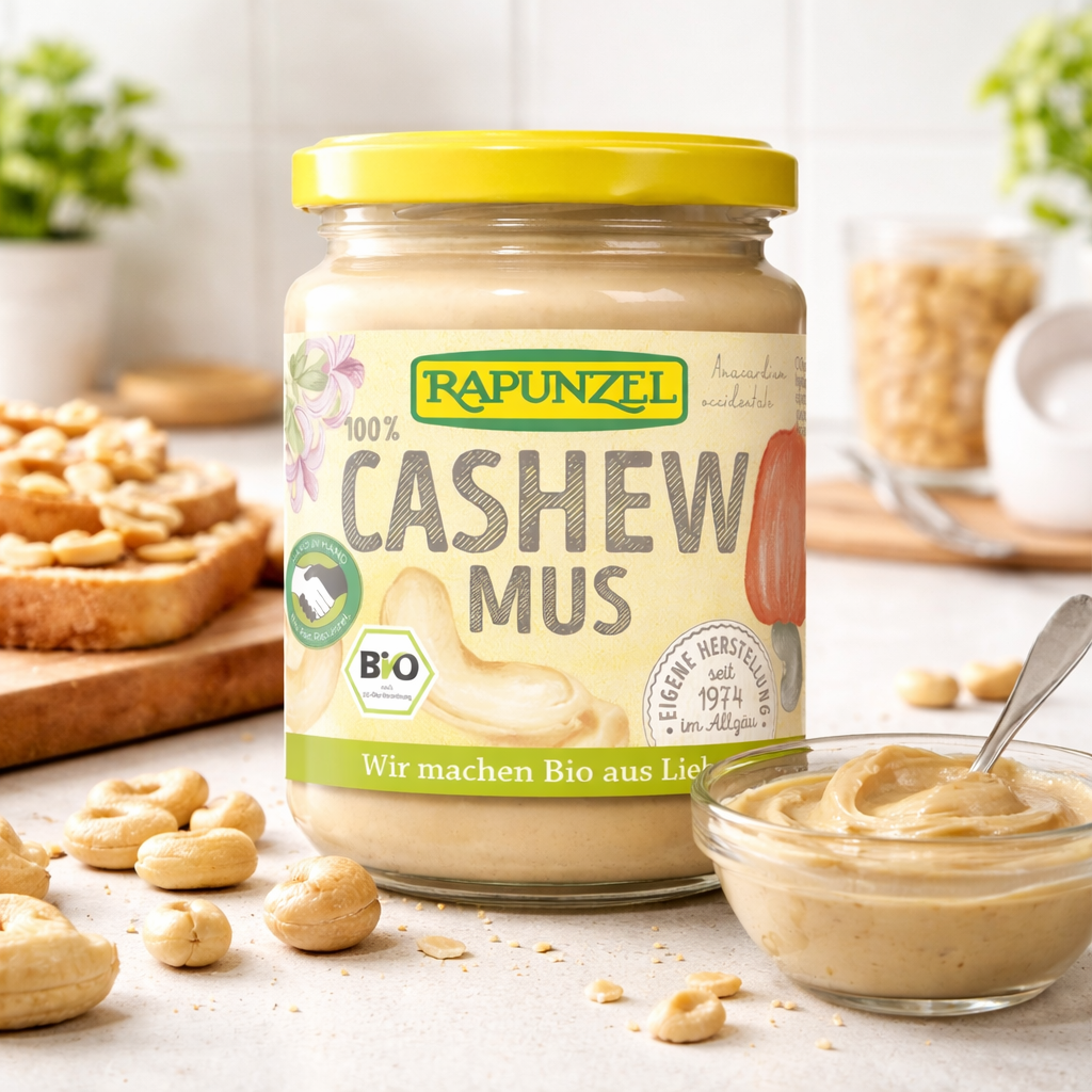 Bio Cashewmus von Rapunzel in einem Glas, ideal zum Kochen, zeigt cremige Textur und natürliche Farbe