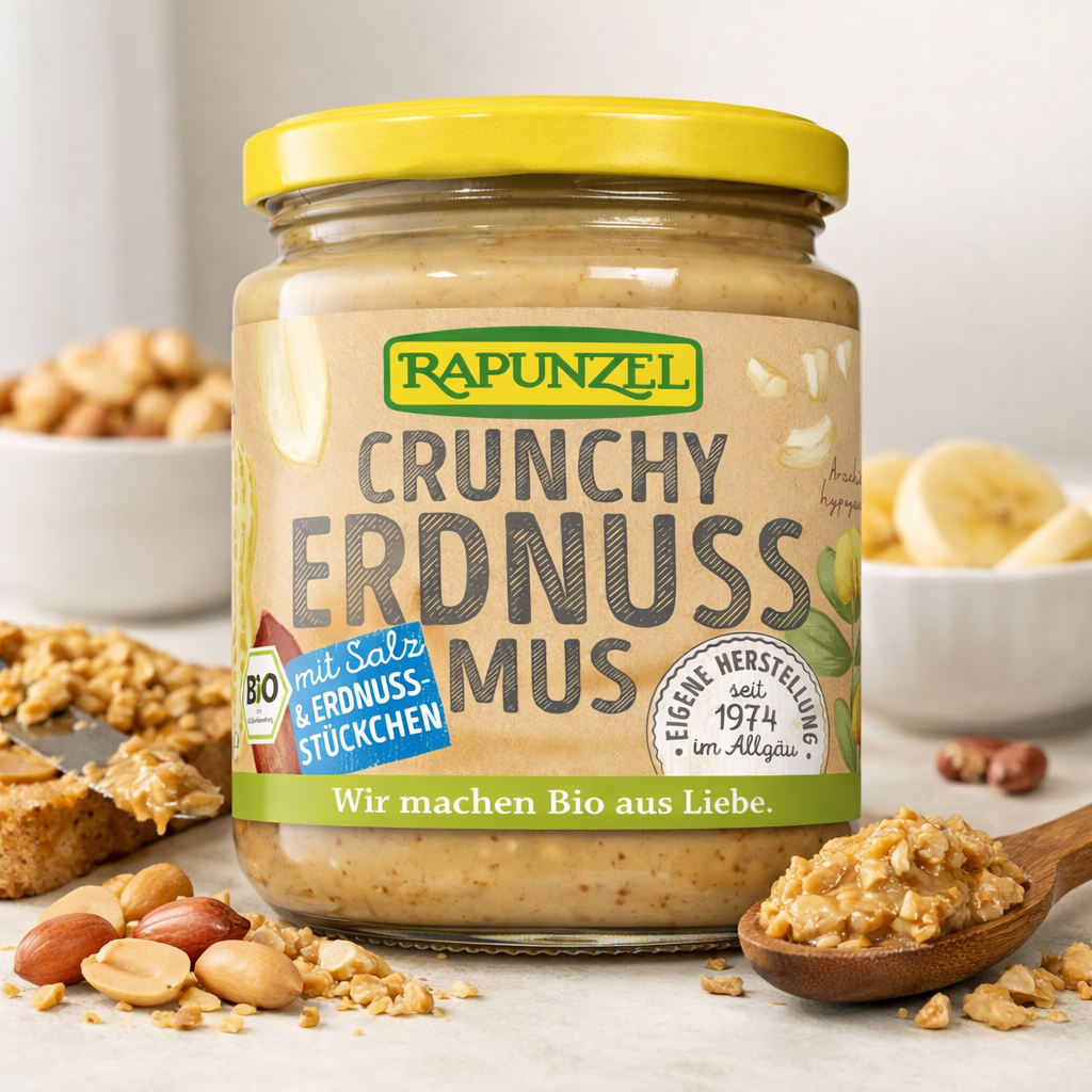 Bio Erdnussmus Crunchy von Rapunzel, mit Salz, in 500g Packung, cremige und knackige Erdnussbutter für das Frühstück
