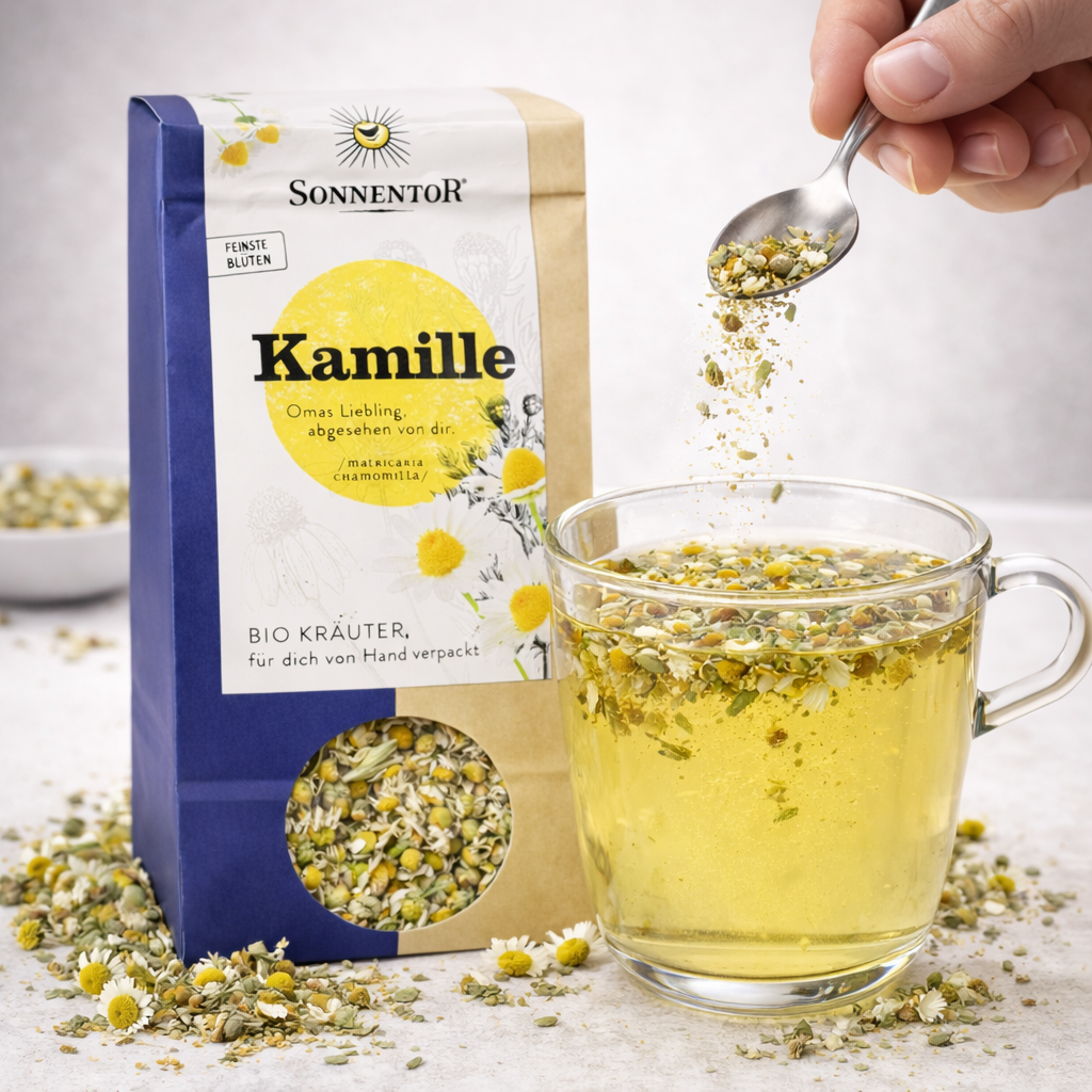 Bio Kamillentee von Sonnentor in einer transparenten Teeverpackung mit Kamillenblüten und Teeblättern, frisch und naturbelassen.