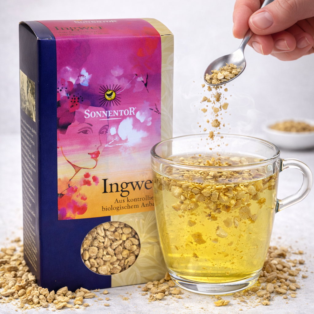 Lose Ingwer Tee von Sonnentor in 90g Packung, frisch und aromatisch, zeigt Teeblätter und Ingwerstücke in einer transparenten Verpackung.