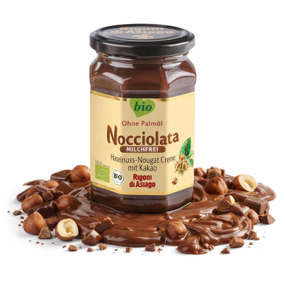 Bio Haselnusscreme von Rigoni di Asiago, milchfrei, ohne Palmöl, ideal für Frühstück, mit Haselnüssen und Schokolade.