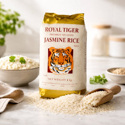 Jasminreis Royal Tiger im 1kg-Pack, ideal zum Kochen, zeigt glänzende, lange Reiskörner in einer offenen Verpackung.