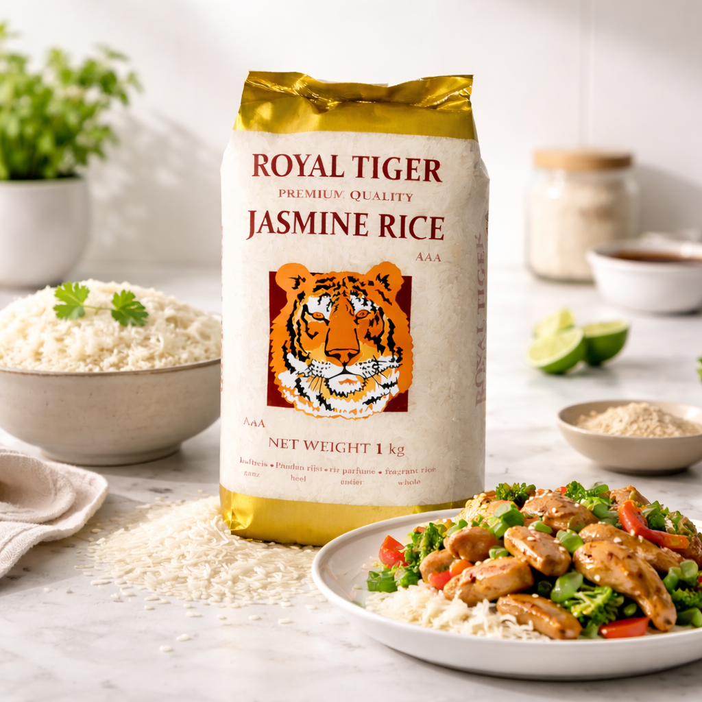 Jasmin Reis Royal Tiger im 1kg-Pack, frisch und aromatisch, ideal zum Kochen, mit sichtbaren langen, duftenden Reiskörnern