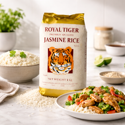 Jasmin Reis Royal Tiger im 1kg-Pack, frisch und aromatisch, ideal zum Kochen, mit sichtbaren langen, duftenden Reiskörnern