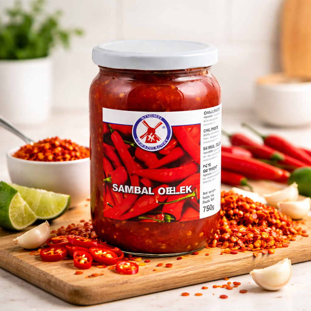 Scharfe Chili-Paste Sambal Oelek in einem 750g Glas, ideal zum Kochen, mit fruchtiger, würziger Chili-Note.