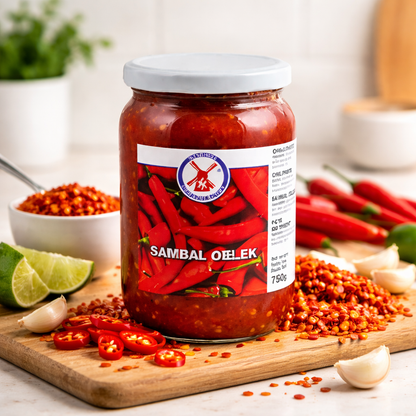 Scharfe Chili-Paste Sambal Oelek in einem 750g Glas, ideal zum Kochen, mit fruchtiger, würziger Chili-Note.