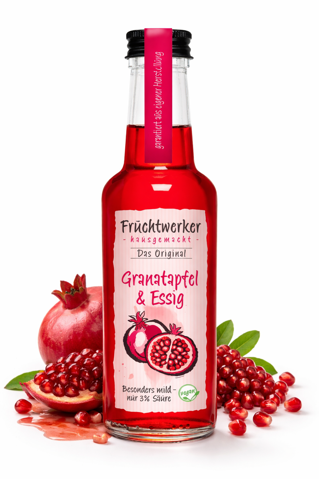 Fruchtwerker Granatapfel und Essig in 250ml Flasche, fruchtige Kombination für Salate und Marinaden, naturbelassenes Produkt