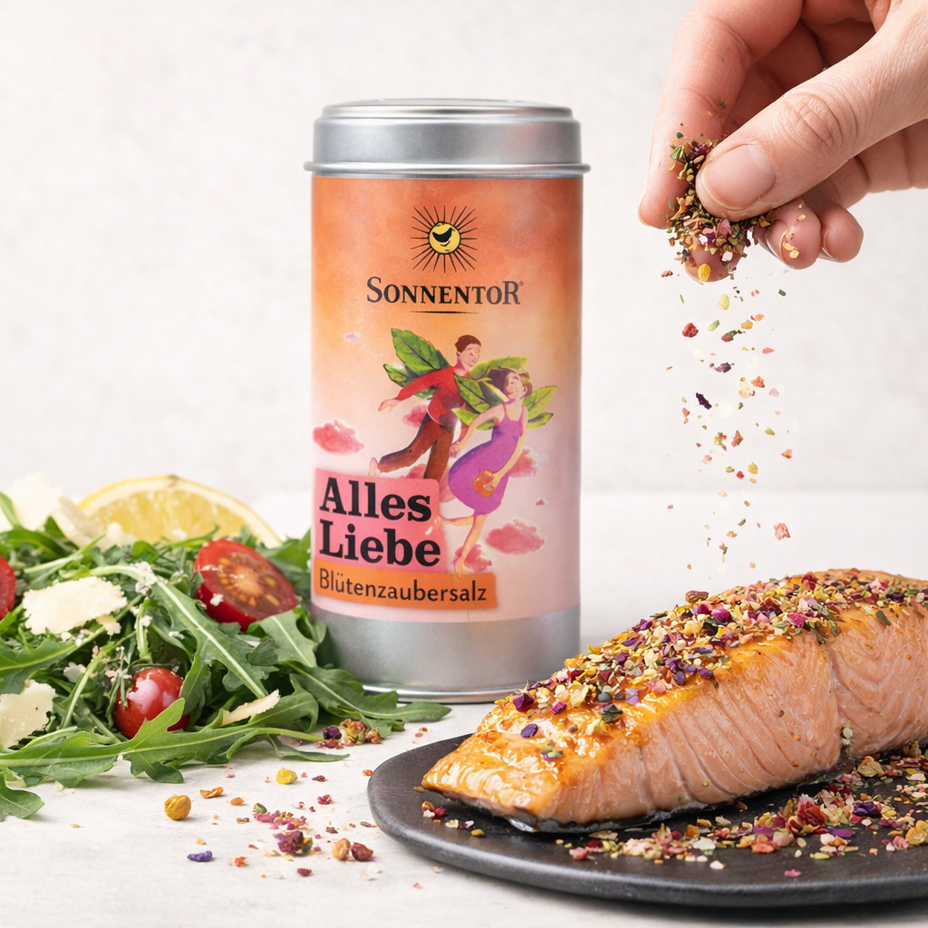 Sonnentor Alles Liebe Blüten-Zaubersalz in 90g Packung, für kreatives Kochen mit bunten Blüten und aromatischem Salz.