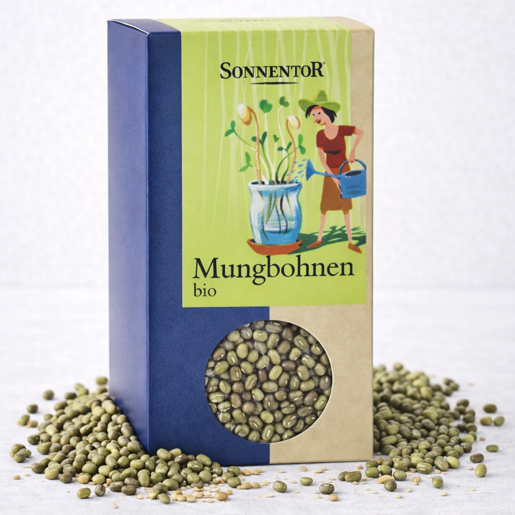 Bio Mungbohnen von Sonnentor in einer Packung, ideal zum Kochen, frisch und hochwertig für gesunde Gerichte.