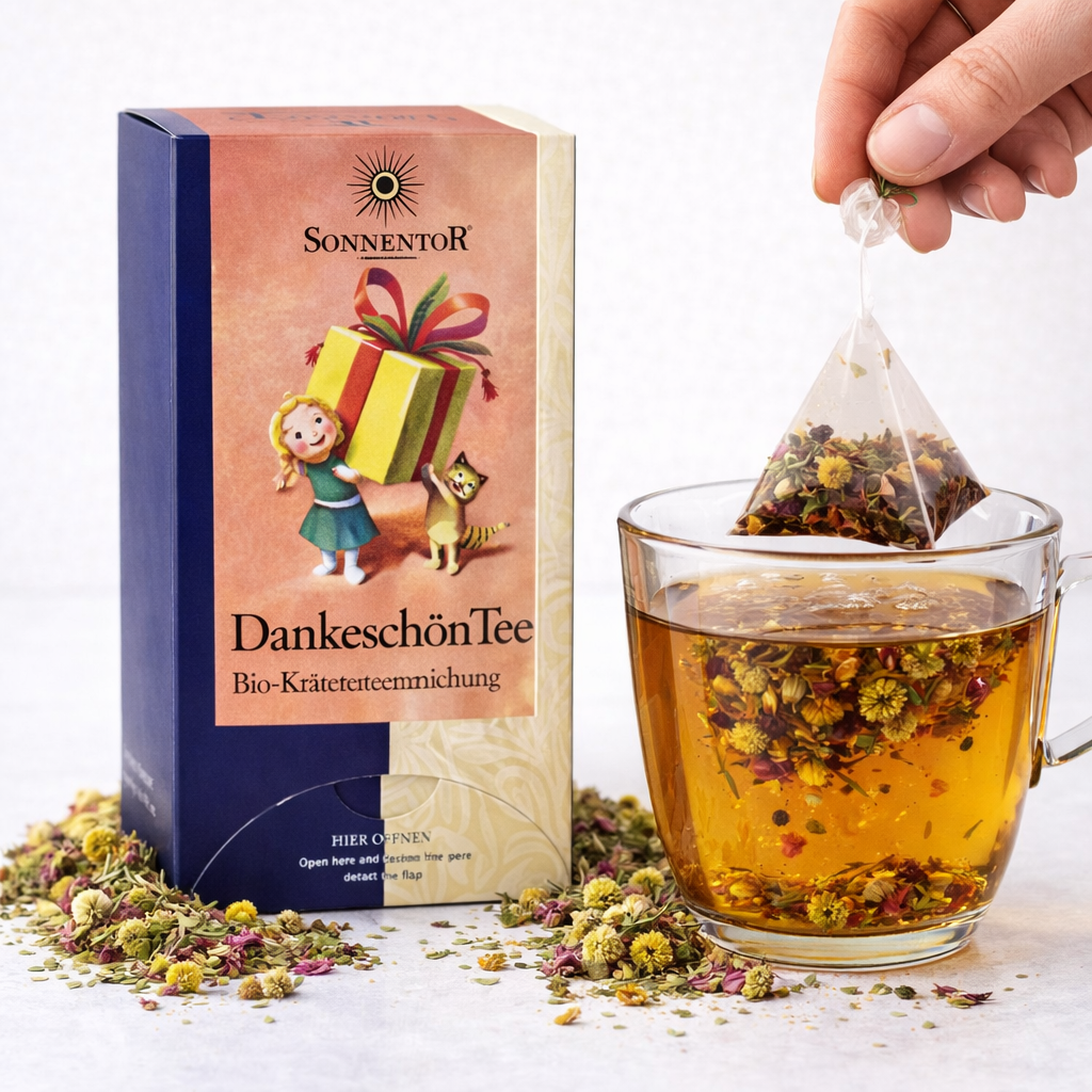 Bio Dankeschön Kräutertee von Sonnentor in Doppelkammerbeutel, frisch und aromatisch, sichtbar in der Packung.
