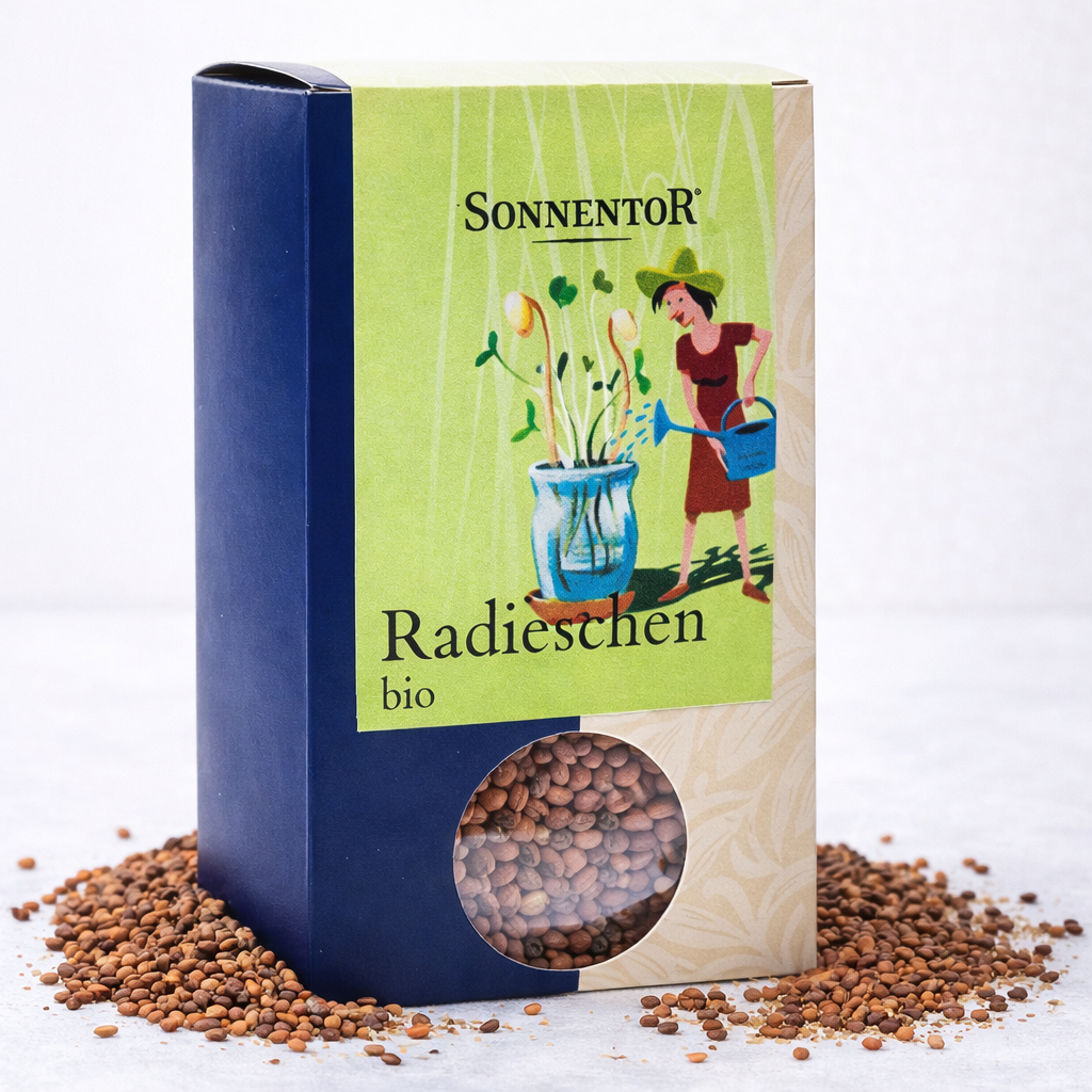 Bio Radieschen Samen von Sonnentor für Frühstück, frisch und saftig, in einer 120g Packung, ideal für den Anbau zu Hause.