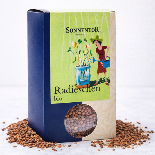 Bio Radieschen Samen von Sonnentor für Frühstück, frisch und saftig, in einer 120g Packung, ideal für den Anbau zu Hause.