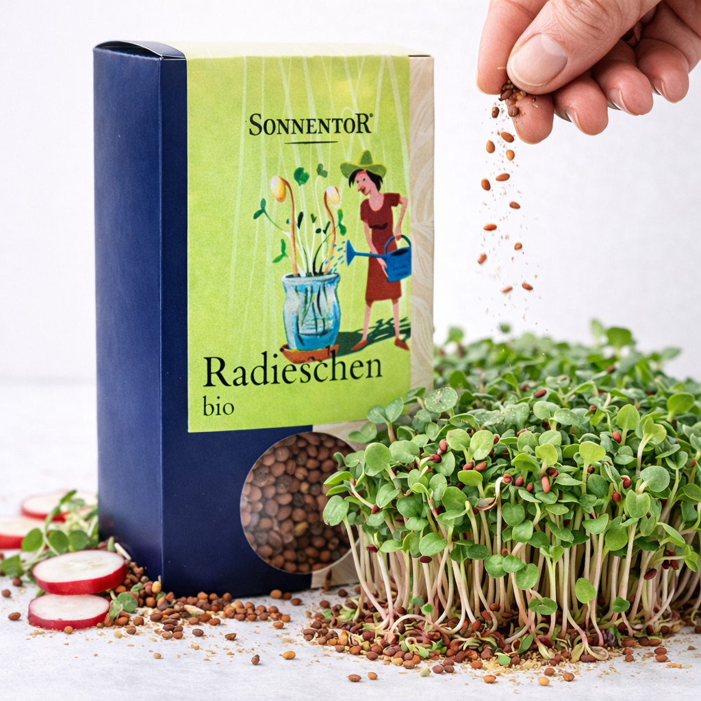 Bio Radieschen Samen von Sonnentor, ideal für Frühstückssalate, in einer 120g Packung, frisches Saatgut für Garten oder Balkon.
