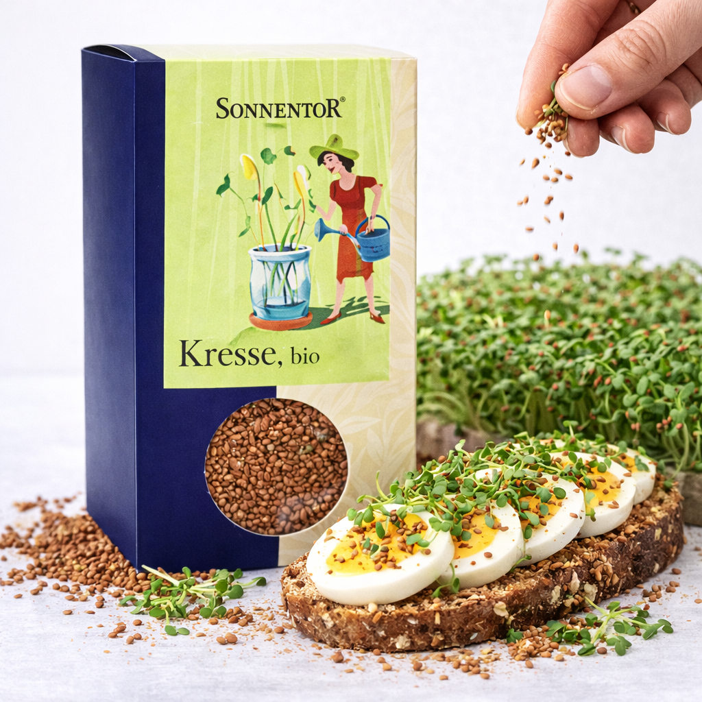 Bio Kresse von Sonnentor, frisch auf einem Frühstücksteller, zeigt grüne, zarte Kresseblätter in einem natürlichen Bild.