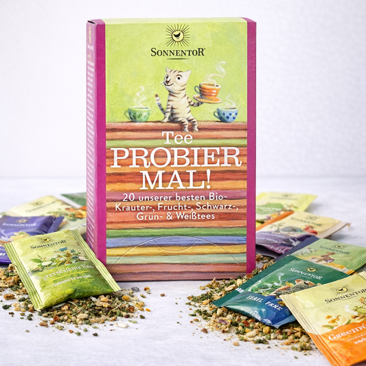 Bio Tee von Sonnentor, Probier Mal! Aufgussbeutel, 34,4g, frisch verpackt, ideal für einen aromatischen Kräutertee.
