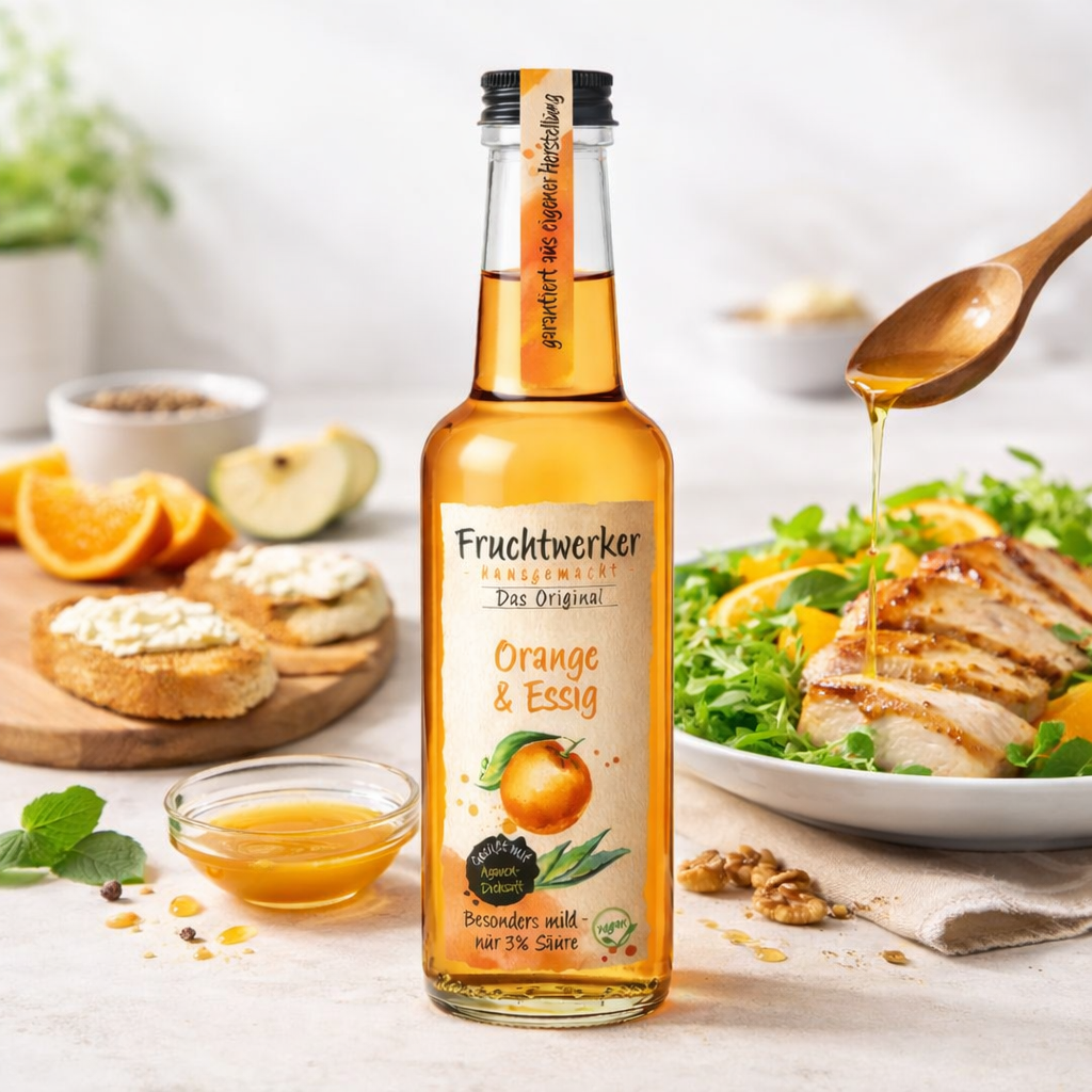 Fruchtwerker Essig- und Frucht-Set mit Apfel, Zitrone und Orange, 750ml Flaschen, natürliche Früchte und Essigflaschen.
