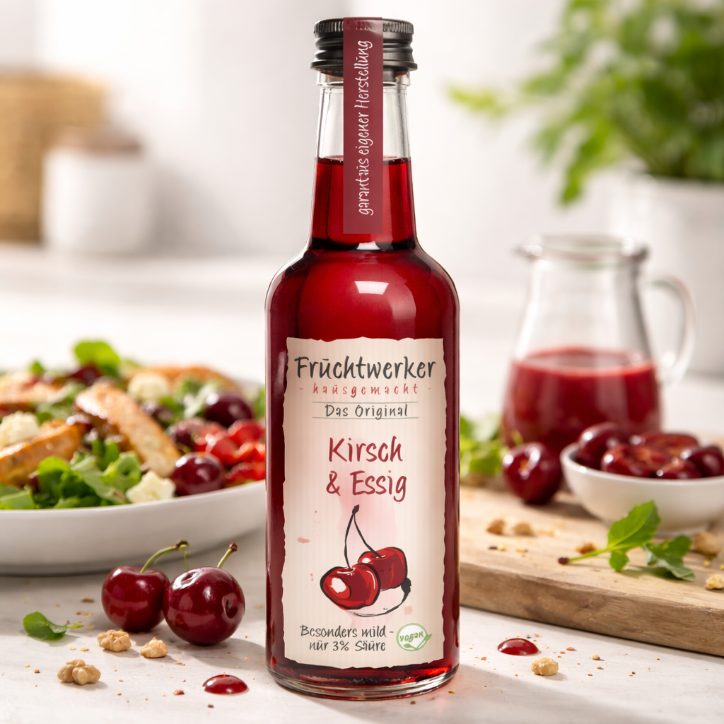 Fruchtwerker Kirsch- und Essig-Produktflasche, 250ml, mit Fruchtwerker Branding, zeigt die Flasche auf weißem Hintergrund