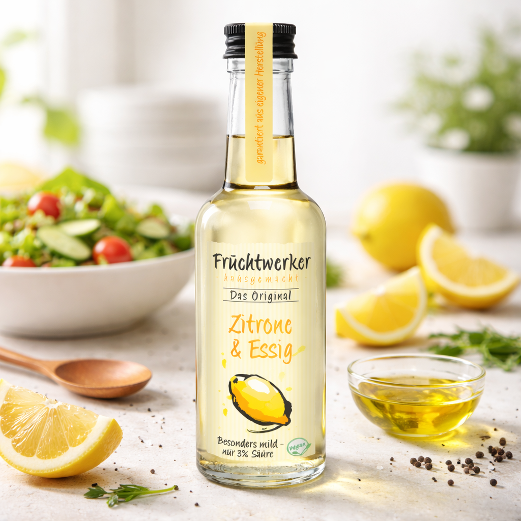 Fruchtwerker Zitrone und Essig in 250ml Flasche, natürliche Öle und Essig, frischer Zitronengeschmack, hochwertige Zutaten