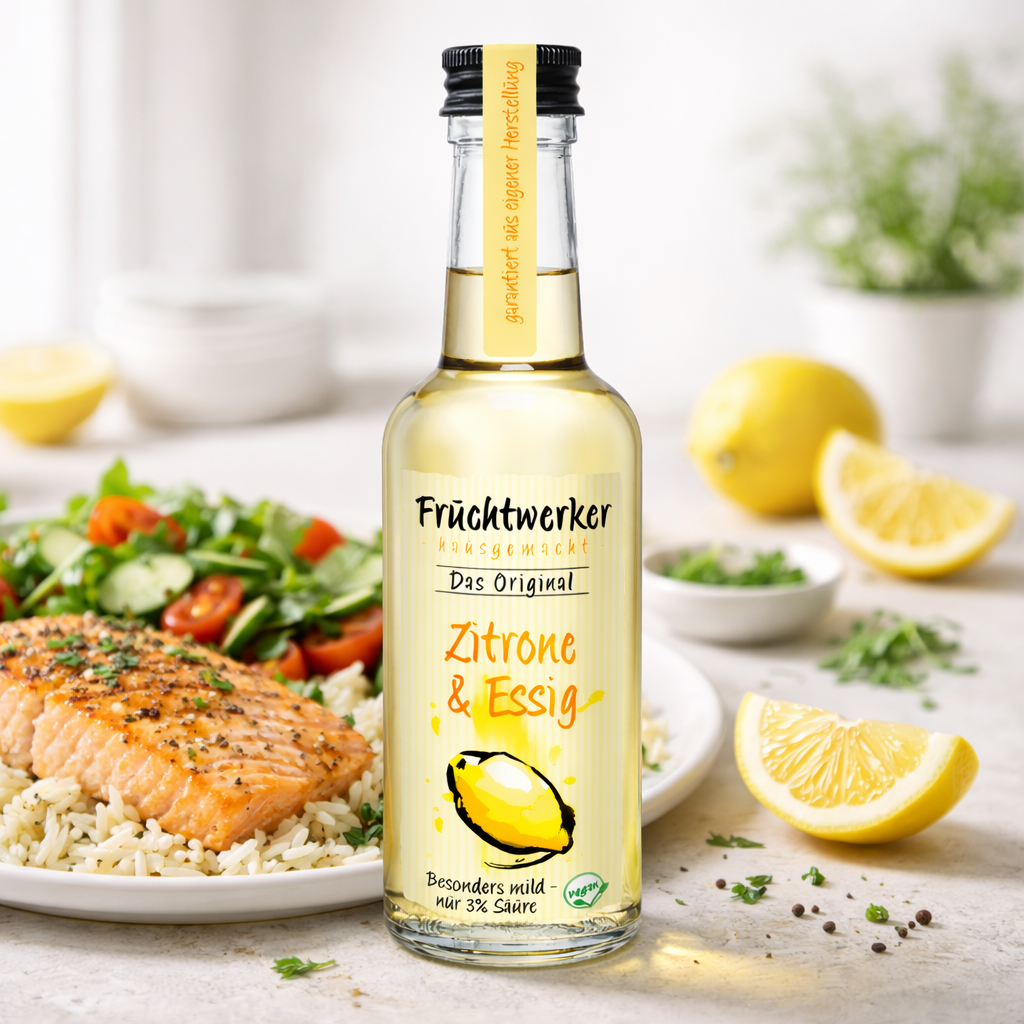 Fruchtwerker Zitronen- und Essigöl in 250 ml Flasche, natürliche Zitrus- und Essigaromen, hochwertige Öl- und Essigmischung
