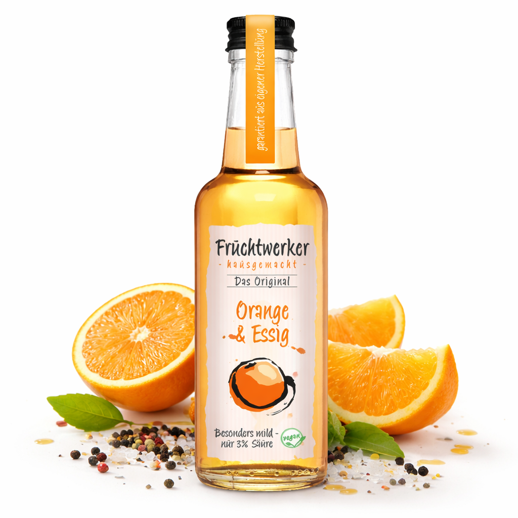 Fruchtwerker Orange & Essig in 250ml Flasche, handgefertigtes Öl und Essig mit fruchtigem Orangengeschmack.