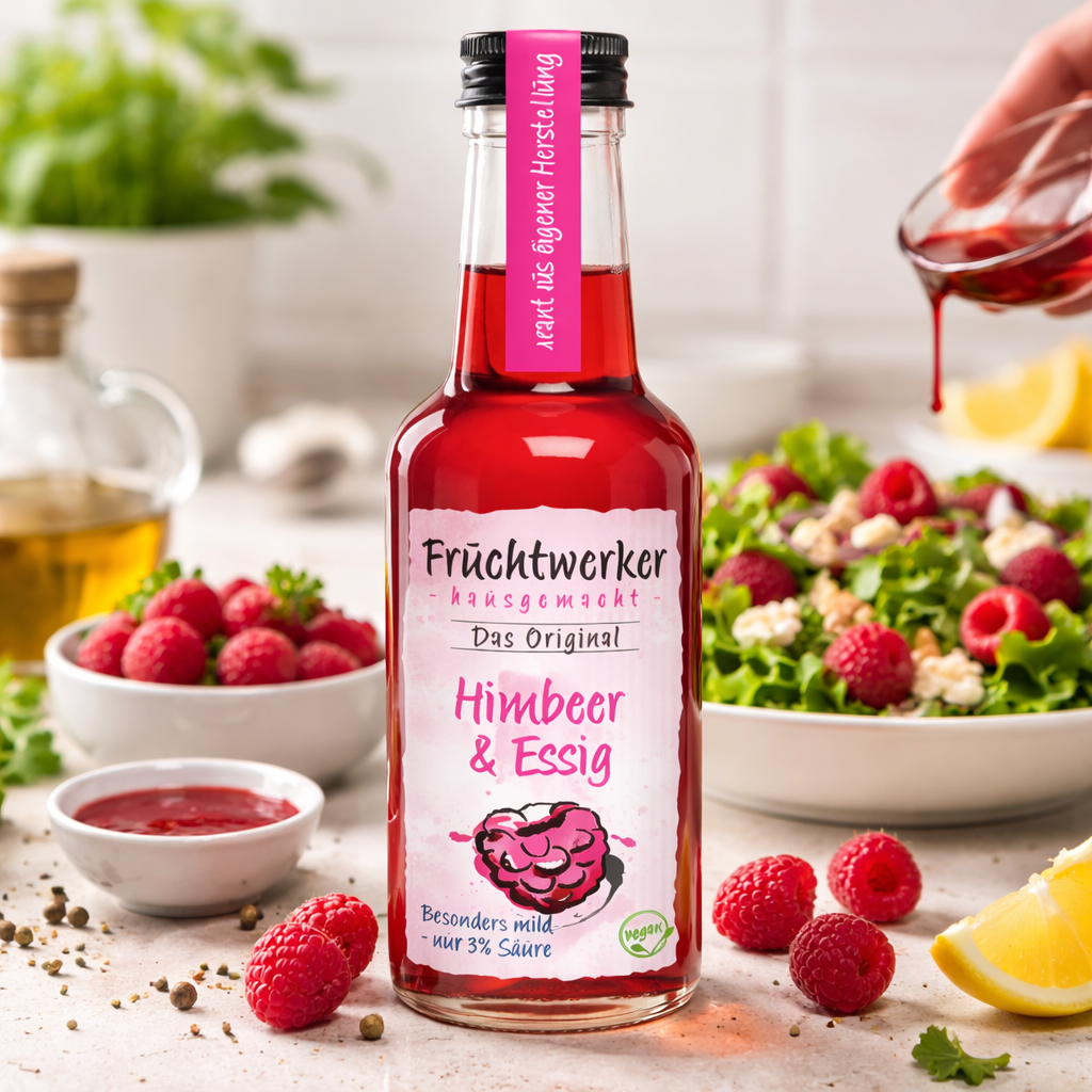 Fruchtwerker Himbeeressig in 250ml Flasche, aromatischer Essig mit fruchtigem Himbeergeschmack, ideal für Salate und Marinaden.