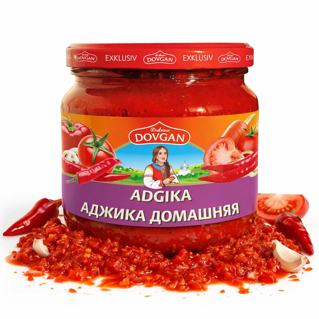DOVGAN "Adgika" scharfe Tomaten-Paprika-Sauce in 12 Flaschen à 380 ml, ideal für die Küche, schmackhafte russische Gewürzsauce