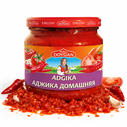 DOVGAN "Adgika" scharfe Tomaten-Paprika-Sauce in 12 Flaschen à 380 ml, ideal für die Küche, schmackhafte russische Gewürzsauce