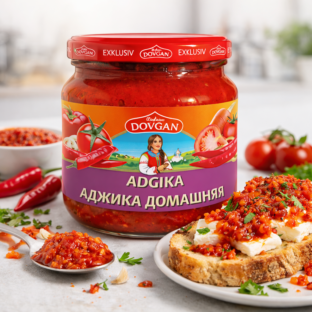 Scharfe Tomaten-Paprika-Sauce "Adgika" von Dovgan in 380 ml Flaschen, perfekt zum Kochen.