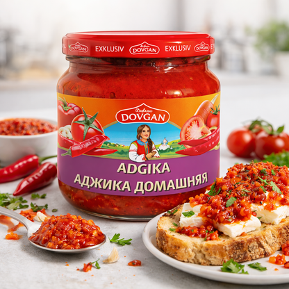 Scharfe Tomaten-Paprika-Sauce "Adgika" von Dovgan in 380 ml Flaschen, perfekt zum Kochen.