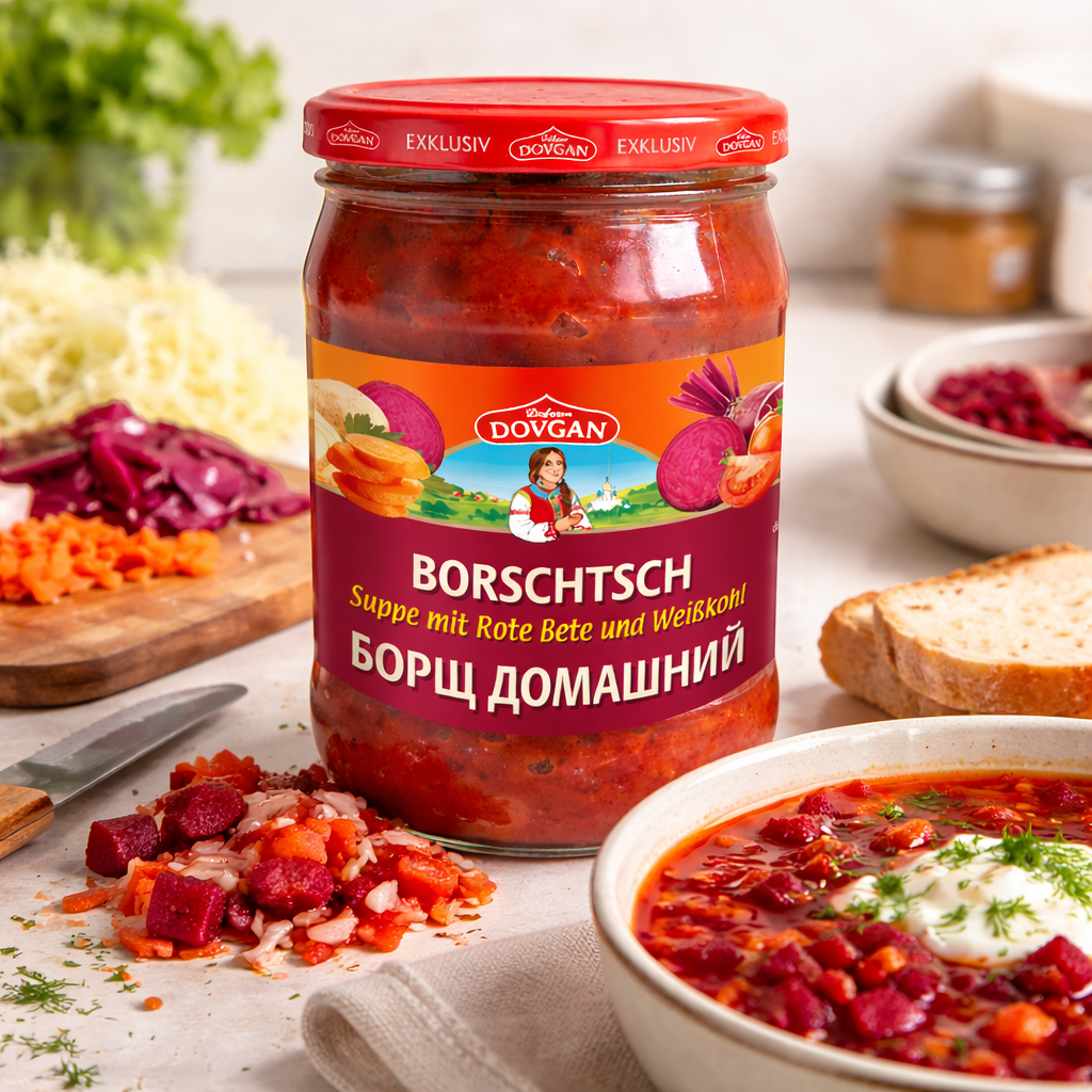 Dovgan Borschtsch Suppe mit Roter Bete und Weißkohl in 5 Packungen, typische russische Gemüse-Suppe, gekocht und servierbereit